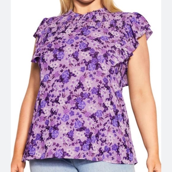 City Chic Violet Floral Ruffle Top XL 22 NEW - Picture 7 of 9